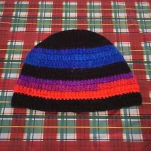 Black, Red And Blue Striped Handmade Beanie By Me
